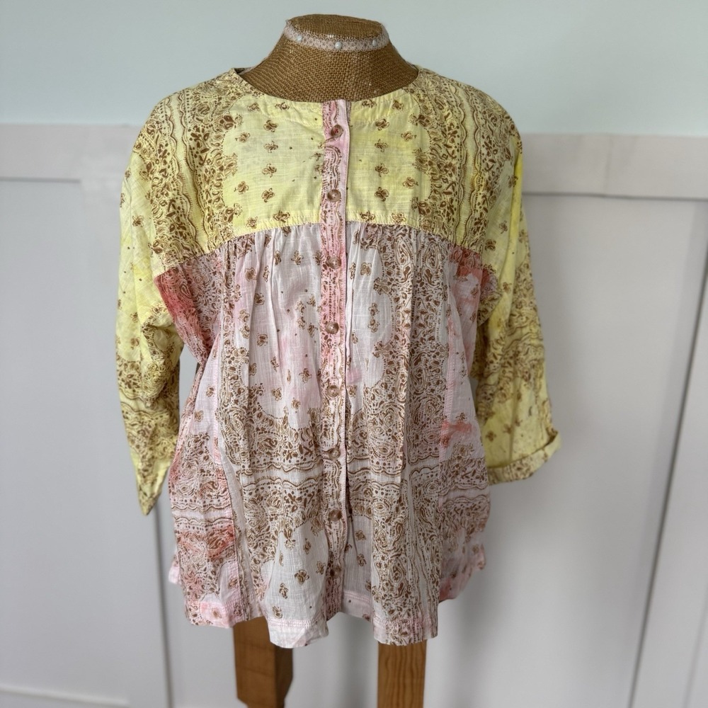 Anthropologie Pilcro The Tavi Blouse Top XS Patchwork Button Cotton Oversized